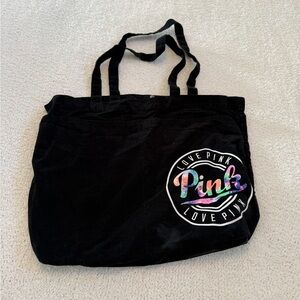 PINK Victoria's Secret Black Canvas Tote with Multicolor Iridescent Logo